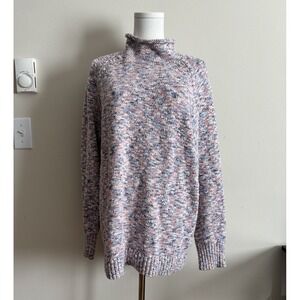 LL Bean Plus Size Womens 1X Pullover Roll Neck Sweater Pink Blue Cotton